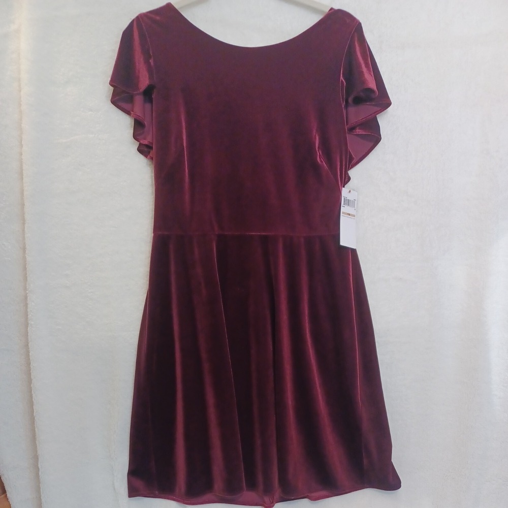 NEW London Times Sz 12 Velvet Dress Wine Red Stretch Short Flutter‎ Sleeve